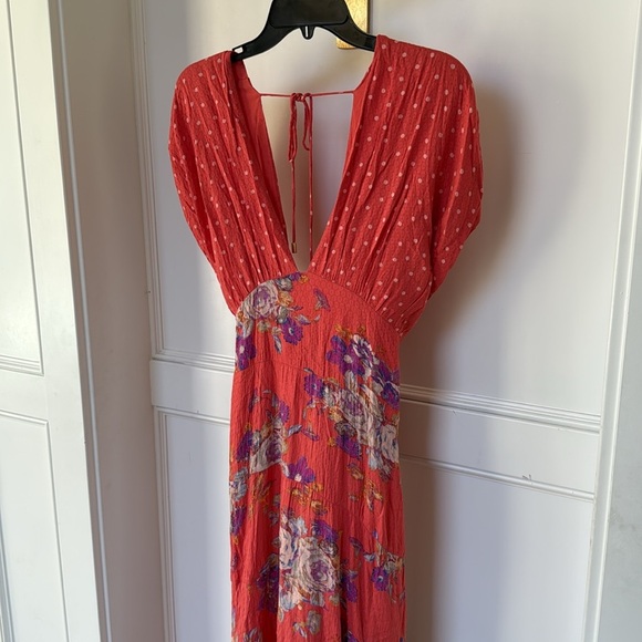 Free People Juniper V Neck Maxi Dress Floral Polka Dot Empire Waist X-LARGE - Picture 4 of 14